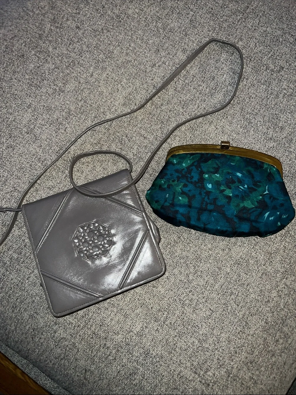 Vintage Grey Leather Barbara Bolan Crossbody Bag and Vintage Clutch